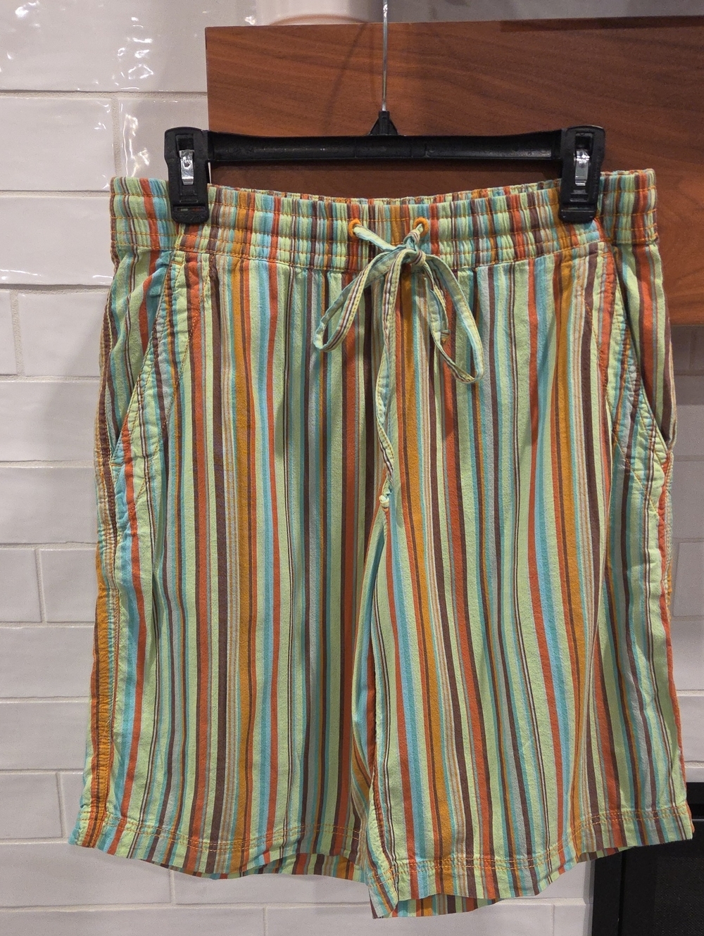 Free People Striped Drawstring Shorts in Mint Green & Orange